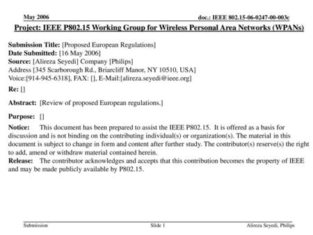 May 2006 Project: IEEE P802.15 Working Group for Wireless Personal Area Networks (WPANs) Submission Title: [Proposed European Regulations] Date Submitted:
