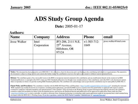 ADS Study Group Agenda Date: Authors: January 2005