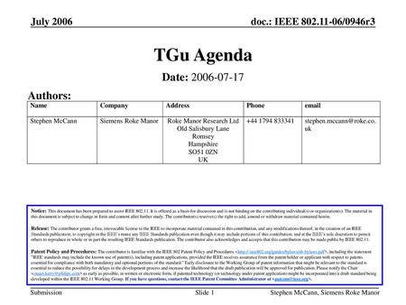 TGu Agenda Date: Authors: July 2006 July 2006