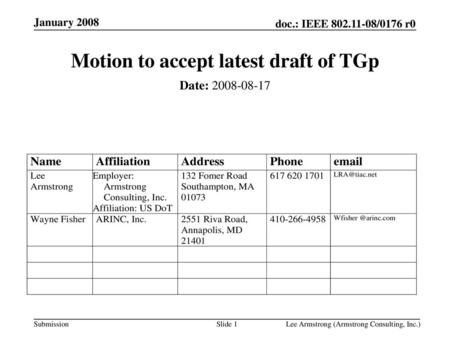 Motion to accept latest draft of TGp