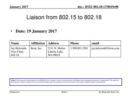 Liaison from to Date: 19 January 2017 January 2017 Name