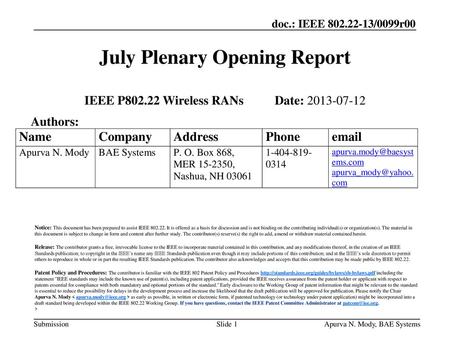 July Plenary Opening Report