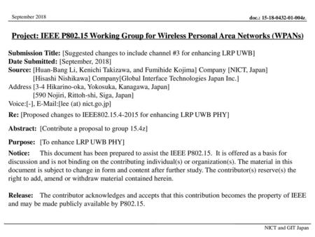 Project: IEEE P802.15 Working Group for Wireless Personal Area Networks (WPANs) Submission Title: [Suggested changes to include channel #3 for enhancing.