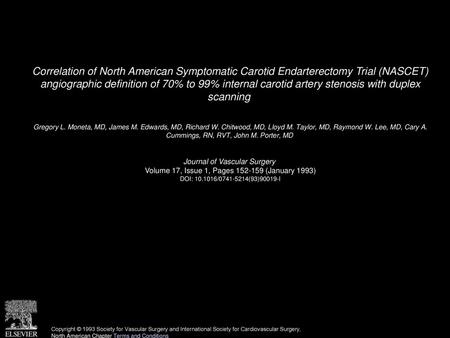 Correlation of North American Symptomatic Carotid Endarterectomy Trial (NASCET) angiographic definition of 70% to 99% internal carotid artery stenosis.