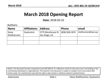 March 2018 Opening Report Date: Authors: March 2018