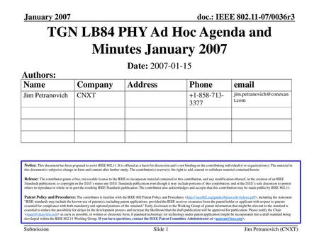 TGN LB84 PHY Ad Hoc Agenda and Minutes January 2007