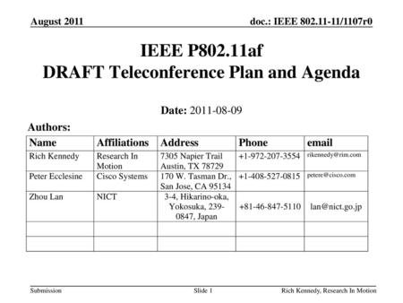 IEEE P802.11af DRAFT Teleconference Plan and Agenda