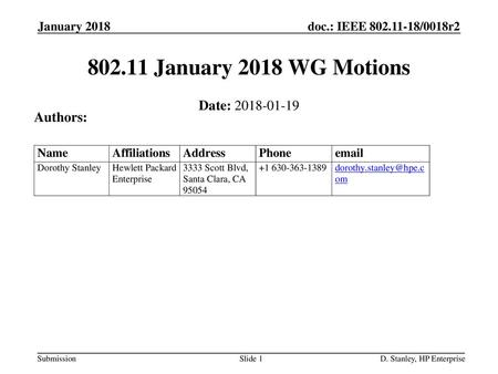 January 2018 WG Motions Date: Authors: January 2018