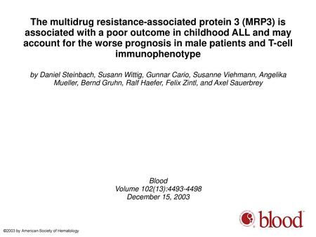 The multidrug resistance-associated protein 3 (MRP3) is associated with a poor outcome in childhood ALL and may account for the worse prognosis in male.