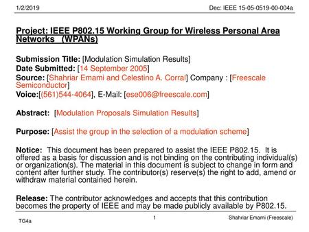 1/2/2019 Project: IEEE P802.15 Working Group for Wireless Personal Area Networks (WPANs) Submission Title: [Modulation Simulation Results] Date Submitted:
