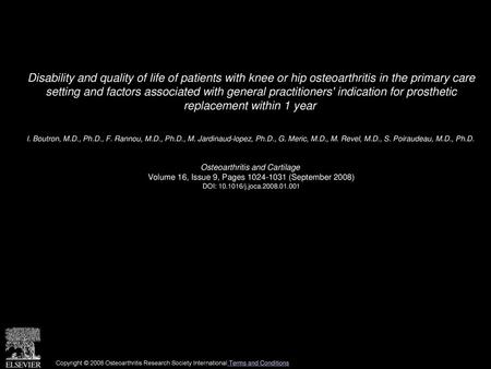 Disability and quality of life of patients with knee or hip osteoarthritis in the primary care setting and factors associated with general practitioners'