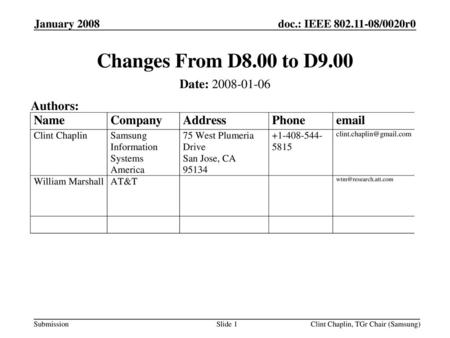 Changes From D8.00 to D9.00 Date: Authors: January 2008