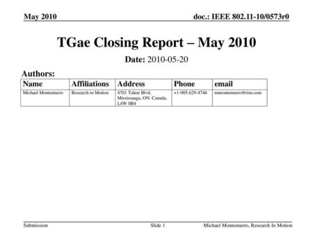 TGae Closing Report – May 2010