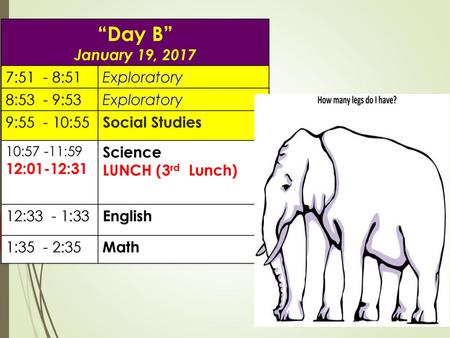 “Day B” January 19, :51 - 8:51 Exploratory 8:53 - 9:53
