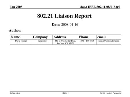 Liaison Report Date: Author: Jan 2008 Month Year