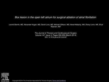 Box lesion in the open left atrium for surgical ablation of atrial fibrillation  Leonid Sternik, MD, Alexander Kogan, MD, David Luria, MD, Michael Glikson,