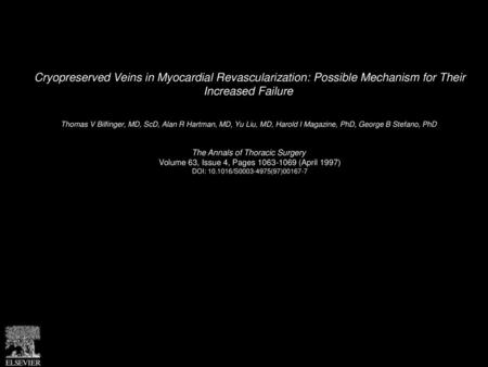 Cryopreserved Veins in Myocardial Revascularization: Possible Mechanism for Their Increased Failure  Thomas V Bilfinger, MD, ScD, Alan R Hartman, MD,