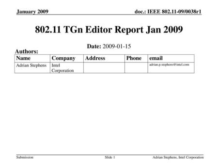 TGn Editor Report Jan 2009 Date: Authors: