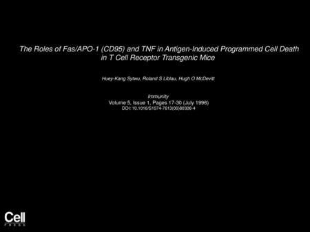 The Roles of Fas/APO-1 (CD95) and TNF in Antigen-Induced Programmed Cell Death in T Cell Receptor Transgenic Mice  Huey-Kang Sytwu, Roland S Liblau, Hugh.