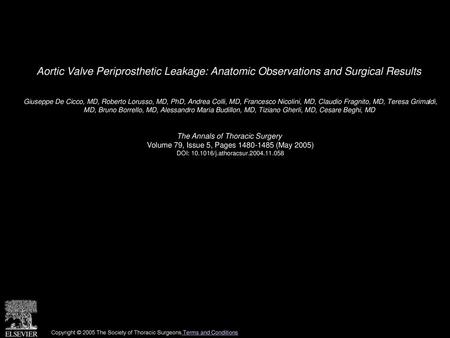 Aortic Valve Periprosthetic Leakage: Anatomic Observations and Surgical Results  Giuseppe De Cicco, MD, Roberto Lorusso, MD, PhD, Andrea Colli, MD, Francesco.