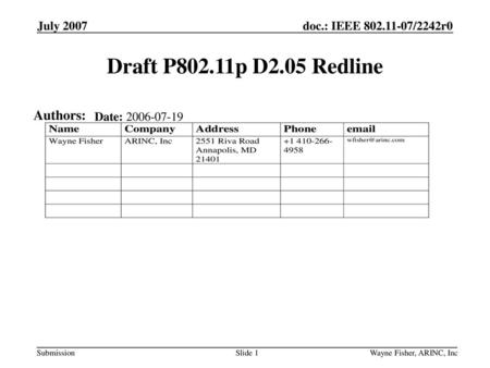 Draft P802.11p D2.05 Redline Authors: July 2007 Date: