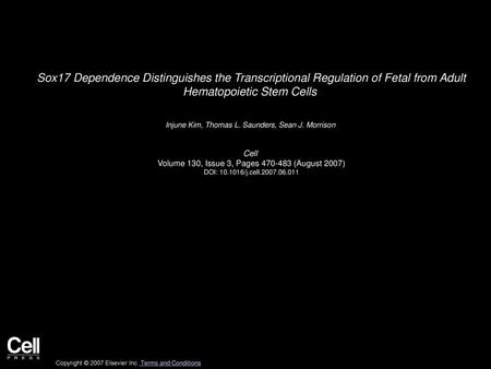 Sox17 Dependence Distinguishes the Transcriptional Regulation of Fetal from Adult Hematopoietic Stem Cells  Injune Kim, Thomas L. Saunders, Sean J. Morrison 