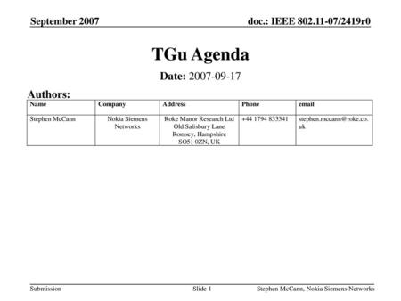 TGu Agenda Date: Authors: September 2007 September 2007