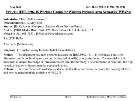Doc.: IEEE 802.15-11-0427-00-004g May 2011 Project: IEEE P802.15 Working Group for Wireless Personal Area Networks (WPANs) Submission Title: [Ballot motions]