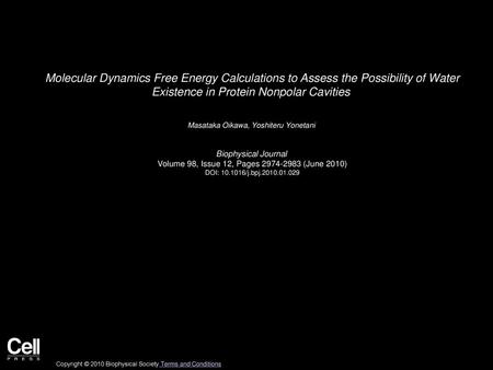Molecular Dynamics Free Energy Calculations to Assess the Possibility of Water Existence in Protein Nonpolar Cavities  Masataka Oikawa, Yoshiteru Yonetani 