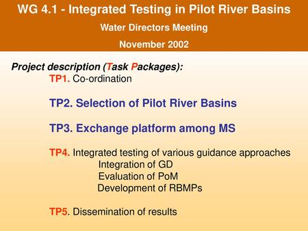 WG Integrated Testing in Pilot River Basins
