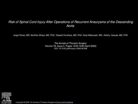 Risk of Spinal Cord Injury After Operations of Recurrent Aneurysms of the Descending Aorta  Jorge Flores, MD, Norihiko Shiiya, MD, PhD, Takashi Kunihara,