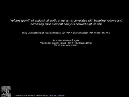 Volume growth of abdominal aortic aneurysms correlates with baseline volume and increasing finite element analysis-derived rupture risk  Moritz Lindquist.