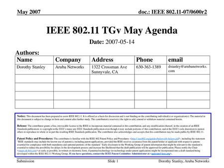 IEEE TGv May Agenda Date: Authors: May 2007