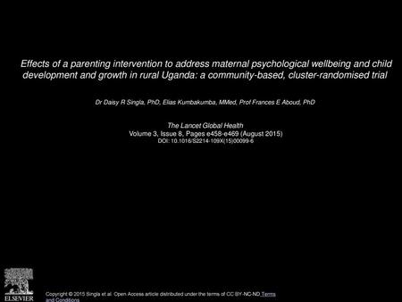 Effects of a parenting intervention to address maternal psychological wellbeing and child development and growth in rural Uganda: a community-based, cluster-randomised.