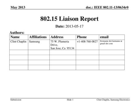 Liaison Report Date: Authors: May 2013