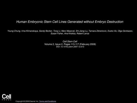 Human Embryonic Stem Cell Lines Generated without Embryo Destruction