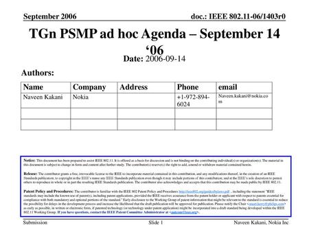 TGn PSMP ad hoc Agenda – September 14 ‘06