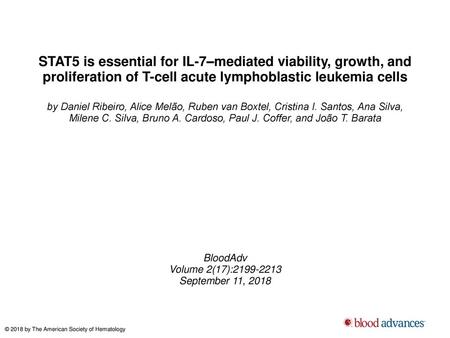 STAT5 is essential for IL-7–mediated viability, growth, and proliferation of T-cell acute lymphoblastic leukemia cells by Daniel Ribeiro, Alice Melão,