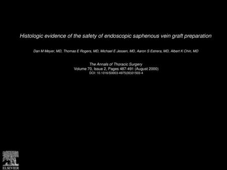 Histologic evidence of the safety of endoscopic saphenous vein graft preparation  Dan M Meyer, MD, Thomas E Rogers, MD, Michael E Jessen, MD, Aaron S Estrera,