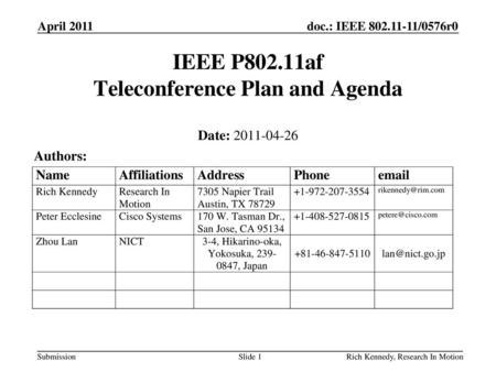 IEEE P802.11af Teleconference Plan and Agenda