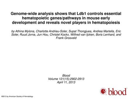 Genome-wide analysis shows that Ldb1 controls essential hematopoietic genes/pathways in mouse early development and reveals novel players in hematopoiesis.