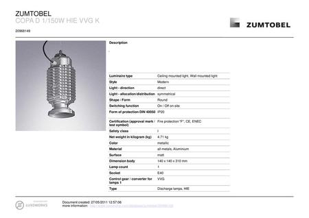 ZUMTOBEL COPA D 1/150W HIE VVG K Description - Luminaire type