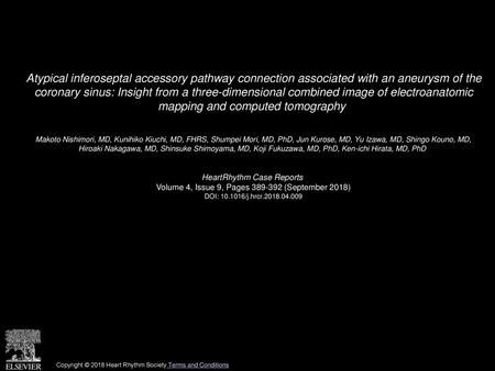 Atypical inferoseptal accessory pathway connection associated with an aneurysm of the coronary sinus: Insight from a three-dimensional combined image.