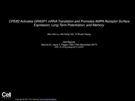 CPEB2 Activates GRASP1 mRNA Translation and Promotes AMPA Receptor Surface Expression, Long-Term Potentiation, and Memory  Wen-Hsin Lu, Nai-Hsing Yeh,