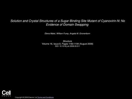Solution and Crystal Structures of a Sugar Binding Site Mutant of Cyanovirin-N: No Evidence of Domain Swapping  Elena Matei, William Furey, Angela M.