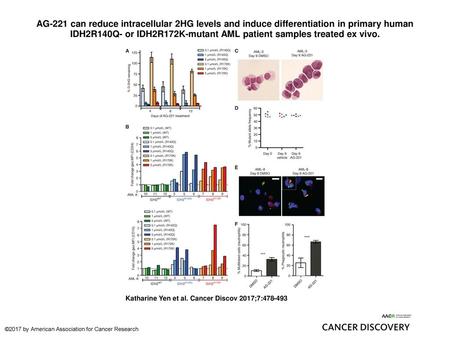 AG-221 can reduce intracellular 2HG levels and induce differentiation in primary human IDH2R140Q- or IDH2R172K-mutant AML patient samples treated ex vivo.