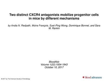 Two distinct CXCR4 antagonists mobilize progenitor cells in mice by different mechanisms by Andia N. Redpath, Moïra François, Suet-Ping Wong, Dominique.