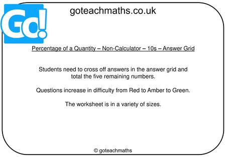 Percentage of a Quantity – Non-Calculator – 10s – Answer Grid