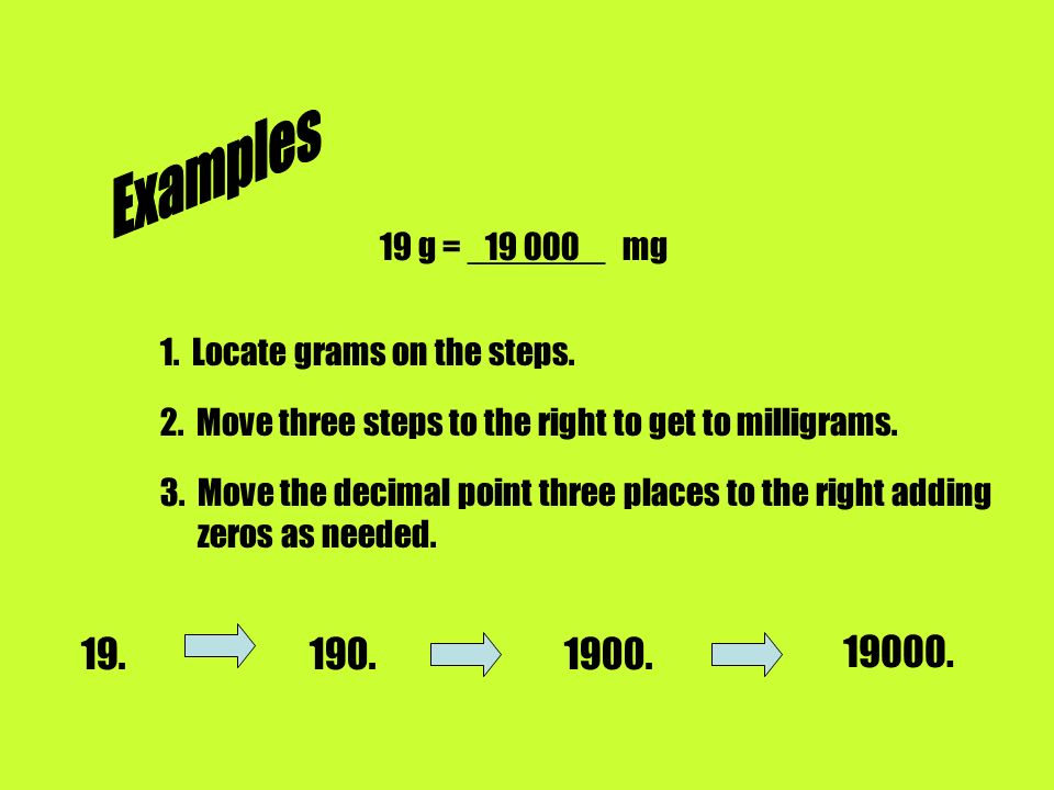Examples 19 g = _______ mg Locate grams on the steps. 2. Move three steps to the right to get to milligrams.