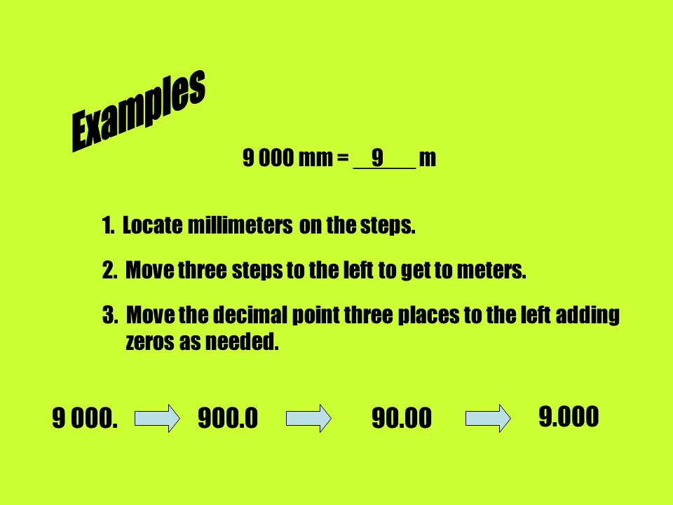 Examples mm = _____ m Locate millimeters on the steps. 2. Move three steps to the left to get to meters.